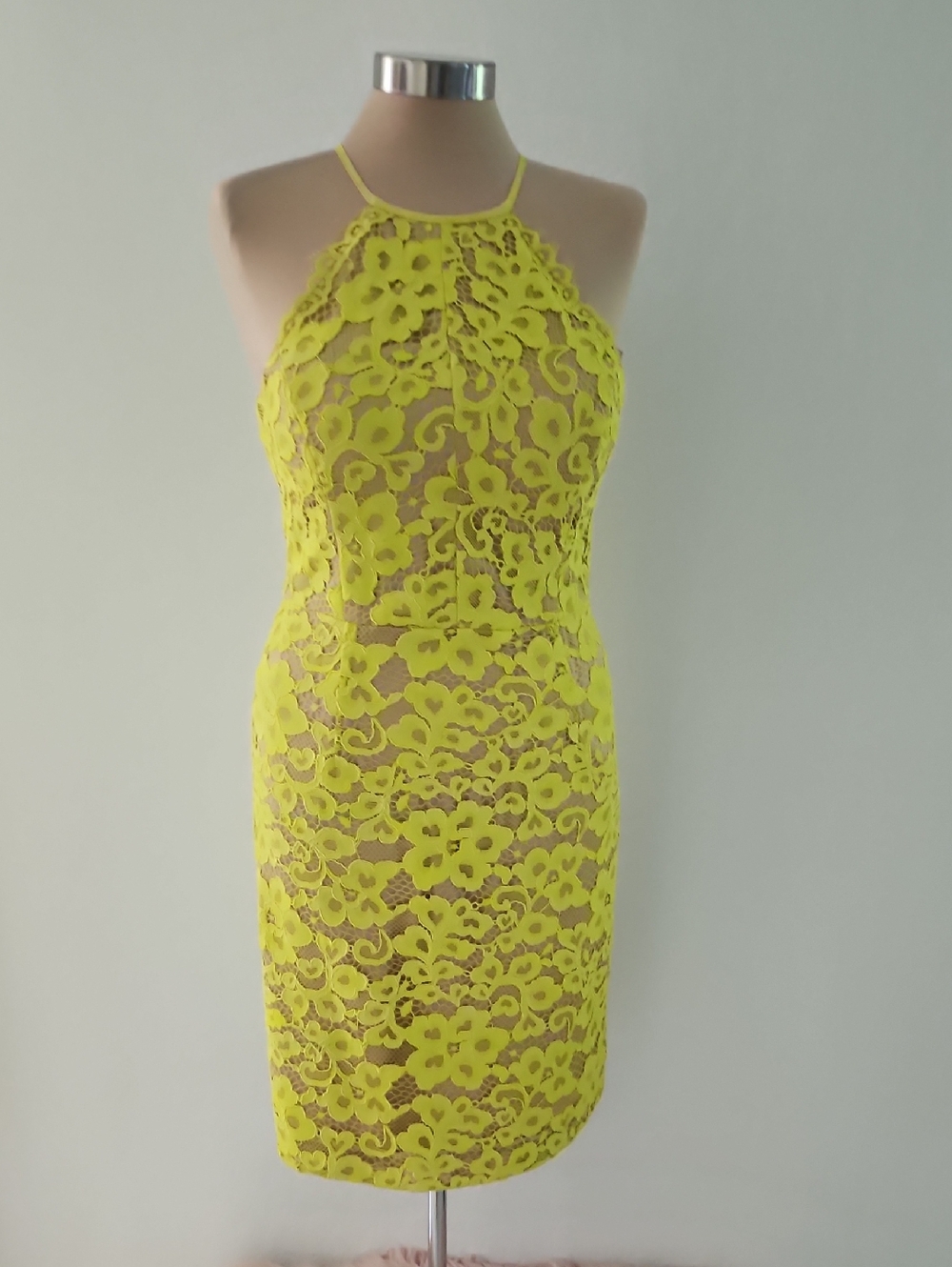 TINA TURK DRESS | Lace Halter Sheath Dress in Neon Yellow